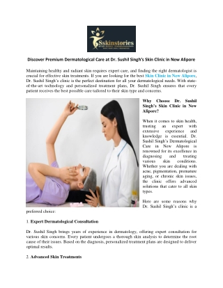 Discover Premium Dermatological Care at Dr Sushil Singh’s Skin Clinic in New Alipore