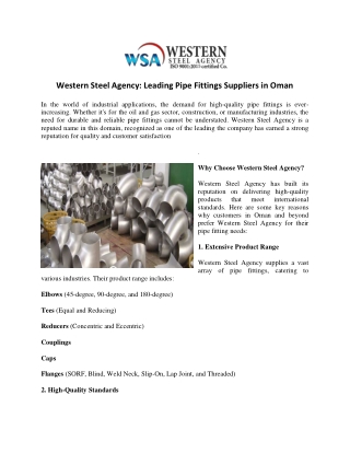 Western Steel Agency Leading Pipe Fittings Suppliers in Oman