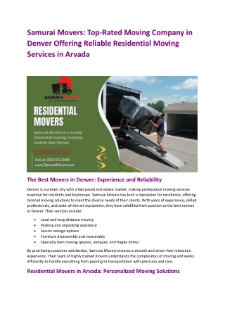 Samurai Movers Top-Rated Moving Company in Denver Offering Reliable Residential Moving Services in Arvada