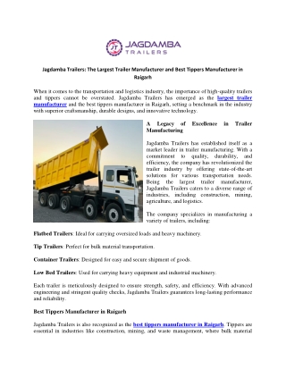 Jagdamba Trailers The Largest Trailer Manufacturer and Best Tippers Manufacturer in Raigarh