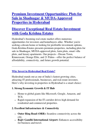 Farm Plots For Sale | Investment in Hyderabad