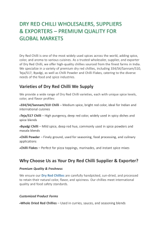Dry Red Chilli Wholesalers, Suppliers & Exporters – Premium Quality for Global Markets