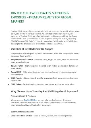 Dry Red Chilli Wholesalers, Suppliers & Exporters – Premium Quality for Global Markets