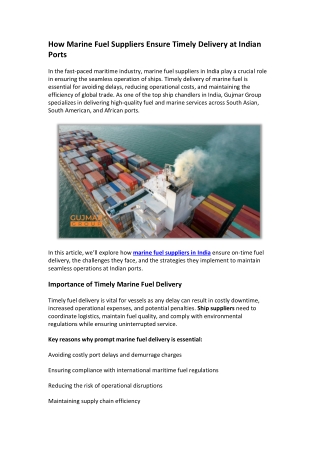 How Marine Fuel Suppliers Ensure Timely Delivery at Indian Ports