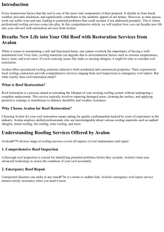 Breathe New Life into Your Old Roof with Restoration Services from Avalon