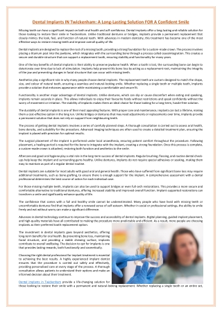 Dental Implants IN Twickenham: A Long-Lasting Solution FOR A Confident Smile