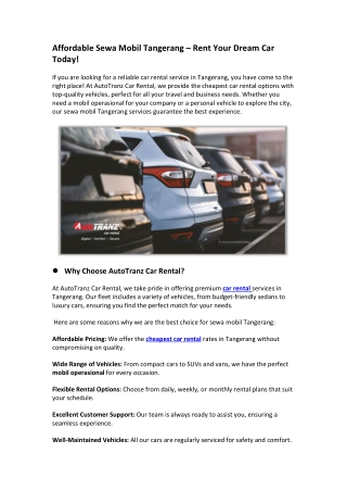 Affordable Sewa Mobil Tangerang – Rent Your Dream Car Today!
