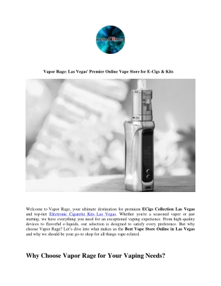 Vapor Rage Las Vegas' Premier Online Vape Store for E-Cigs & Kits
