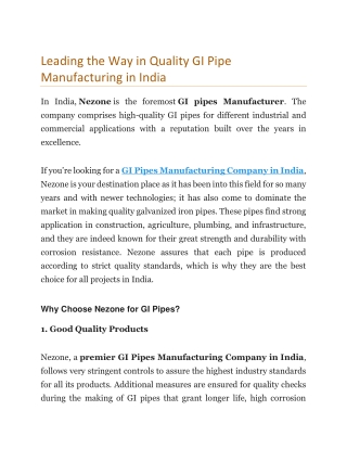 Leading the Way in Quality GI Pipe Manufacturing in India