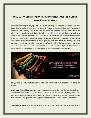 Why Every Cables and Wires Manufacturer Needs a Cloud-Based ERP Solutions