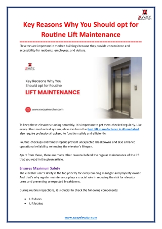 Key Reasons Why You Should opt for Routine Lift Maintenance