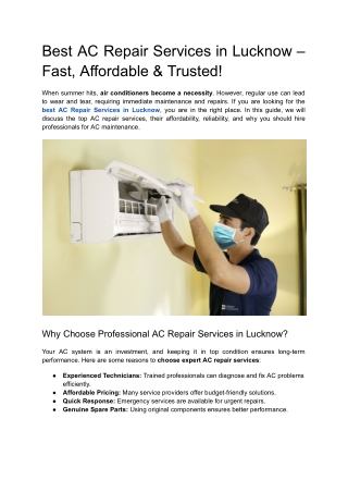 Expert AC Repair in Lucknow – Fast, Affordable & Trusted!