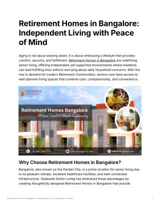 Retirement Homes in Bangalore Independent Living with Peace of Mind