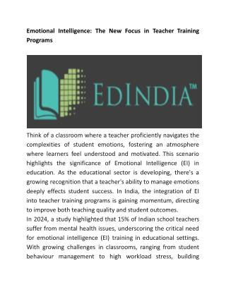 Emotional Intelligence: The New Focus in Teacher Training Programs