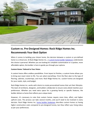 Custom vs. Pre-Designed Homes Rock Ridge Homes Inc. Recommends Your Best Option