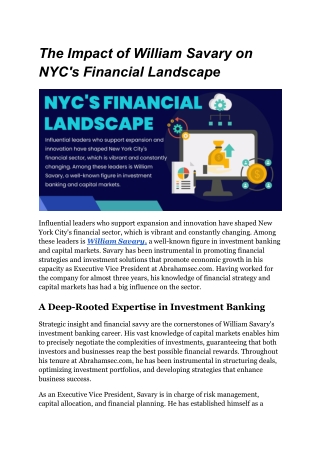 The Impact of William Savary on NYC's Financial Landscape