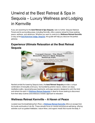 Unwind at the Best Retreat & Spa in Sequoia – Luxury Wellness and Lodging in Kernville