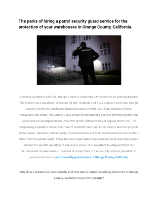 The perks of hiring a patrol security guard service for the protection of your warehouses in Orange County, California