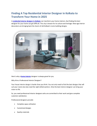 Finding A Top Residential Interior Designer in Kolkata to Transform Your Home in 2025