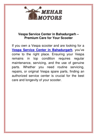Vespa Service Center in Bahadurgarh Premium Care for Your Scooter
