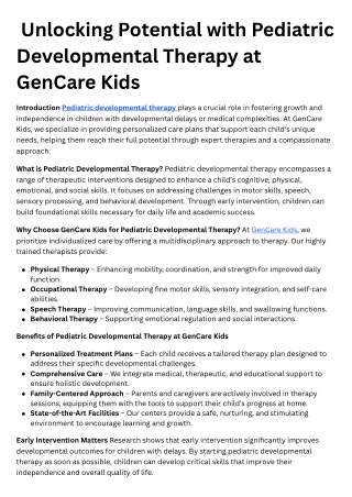 Unlocking Potential with Pediatric Developmental Therapy at GenCare Kids