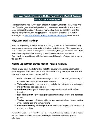 Can You Build a Career with the Best Share Market Training Institute in Chandigarh