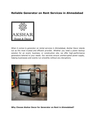 Reliable Generator on Rent Services in Ahmedabad
