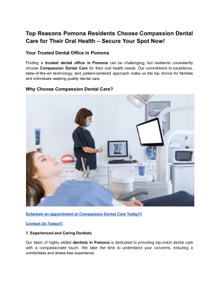 Top Reasons Pomona Residents Choose Compassion Dental Care for Their Oral Health – Secure Your Spot Now