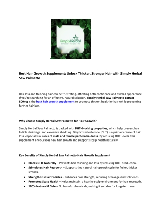Best Hair Growth Supplement – Simply Herbal Saw Palmetto Extract for Thicker Hai