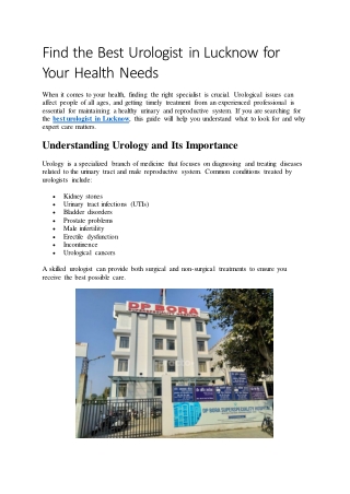 Find the Best Urologist in Lucknow for Your Health Needs