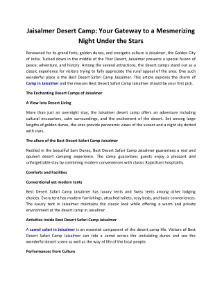 Luxury Desert Camp In Jaisalmer  - Best Desert Safari Camp Jaisalmer