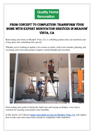 From Concept to Completion Transform Your Home With Expert Renovation Services in Meadow Vista, CA