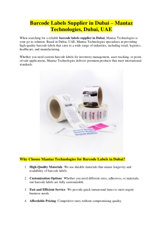 Barcode Labels Supplier in Dubai – Mantaz Technologies, Dubai, UAE