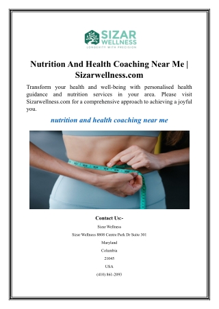 Nutrition And Health Coaching Near Me  Sizarwellness.com