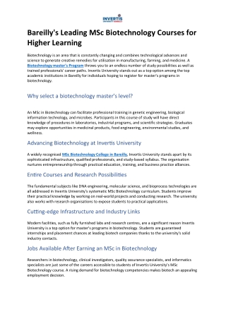 Bareilly's Leading MSc Biotechnology Courses for Higher Learning