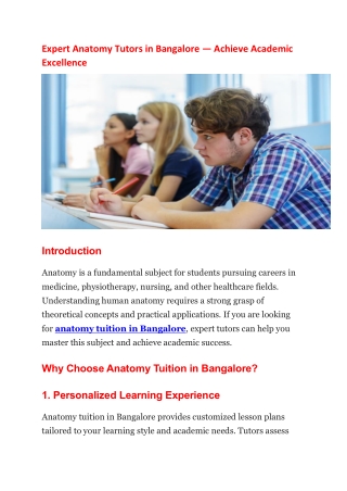Expert Anatomy Tutors in Bangalore -Achieve Academic Excellence