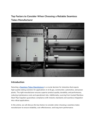 Top Factors to Consider When Choosing a Reliable Seamless Tubes Manufacturer