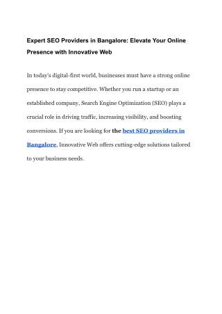 Expert SEO Providers in Bangalore Elevate Your Online Presence with Innovative Web