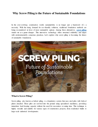 Why Screw Piling is the Future of Sustainable Foundations?
