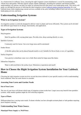 How to Choose the Right Irrigation System Installation for Your Lubbock Home