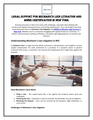 Legal Support for Mechanic’s Lien Litigation and MWBE Certification in New York