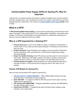 Uninterruptible Power Supply (UPS) for Gaming PC