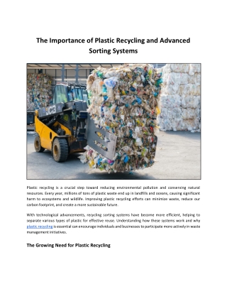 The Importance of Plastic Recycling and Advanced  Sorting Systems