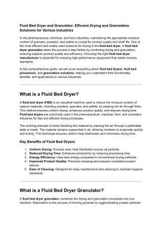 fluid bed dryer and granulator efficient drying