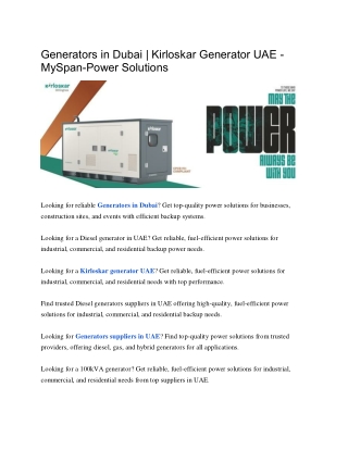 Generators in Dubai | Kirloskar Generator UAE - MySpan-Power Solutions