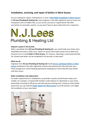 Installation, servicing, and repair of boilers in West Sussex