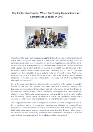 Key Factors to Consider When Purchasing from a Screw Air Compressor Supplier in UAE