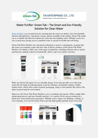 Water Purifier: Green-Tak – The Smart and Eco-Friendly Solution for Clean Water