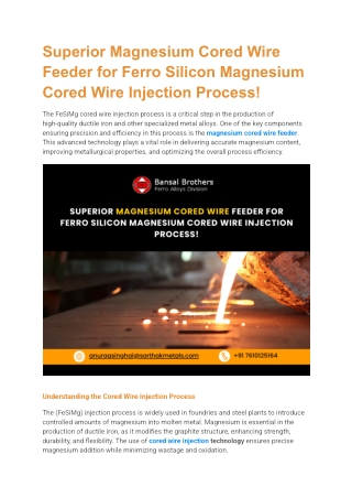 Superior Magnesium Cored Wire Feeder for Ferro Silicon Magnesium Cored Wire Injection Process