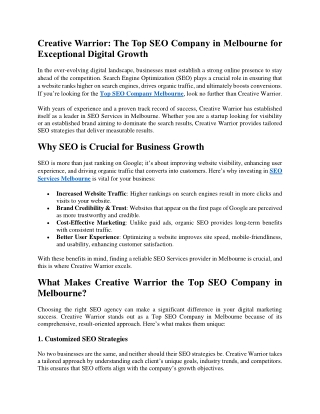 Creative Warrior The Top SEO Company in Melbourne for Exceptional Digital Growth